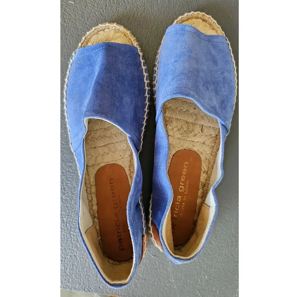 Patricia Green Espadrille Flats, Ashley,  Peep Toe,  Blue Suede, New, Sz 5.5